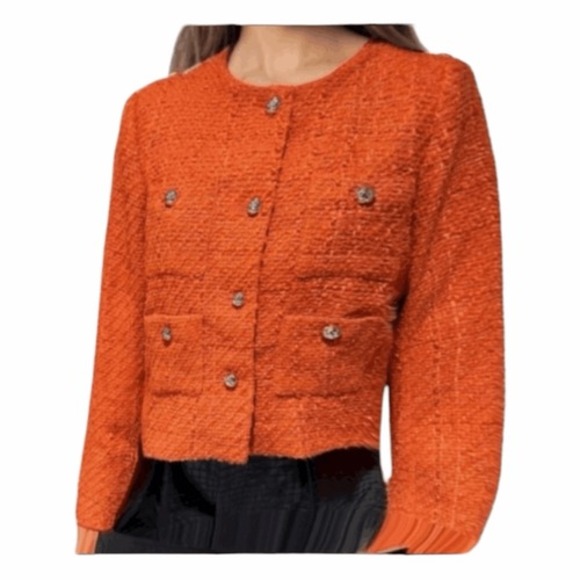 Rachel‎ Zoe Orange Boucle Tweed Cropped Blazer Gold Basket Weave Button Front M